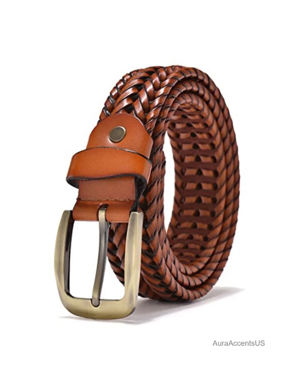 Men's Braided Woven Genuine Leather Belt Adjustable Pin Buckle Casual